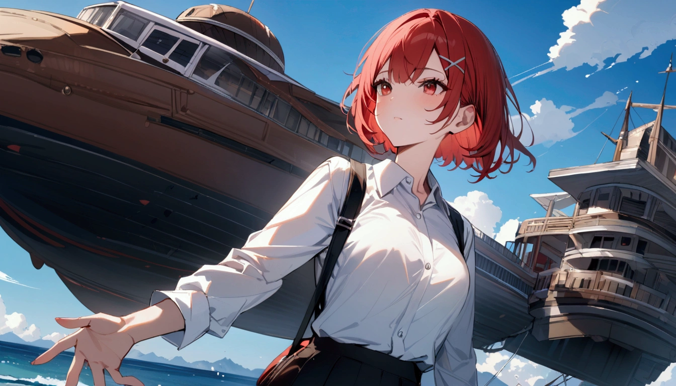short hair, (Red hair:1.2), x Hair ornament, Red eyes,girl,One person, Collared shirt, Highest quality, masterpiece, High resolution,blue sky、White cloud、airship、plane、