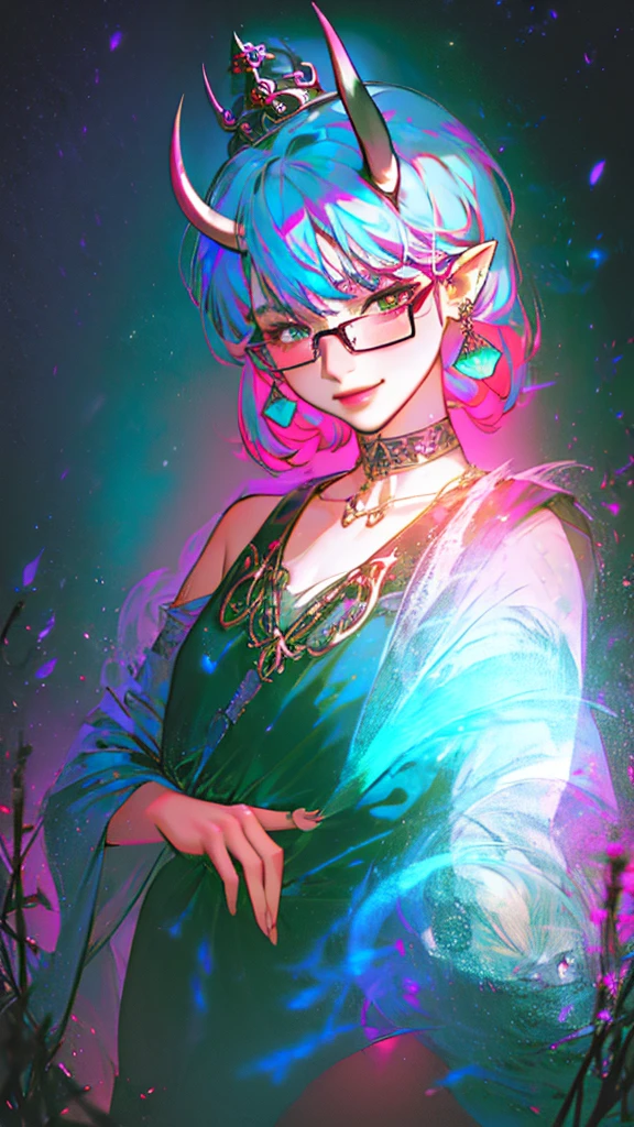 8k, masterpiece, best quality, highly detailed, 1 girl, tiefling, warlock, pixie cut, multicolored hair, very short straight hair green highlight hair on white hair, strippled hair, wearing glasses, round glasses, sexy, earrings, navel piercing, red eyeshadow, long eyelashes, blushed cheek, red lips, necklace, rings, collarbone, mole on face, glamorous, teal clothing, purple clothes, smirk, close up view, rings, looking at viewer, demon horns, solo, forest, blue pale moon, standing, royal dress, wearing crown, devil books, back toward viewer, looking over shoulder.