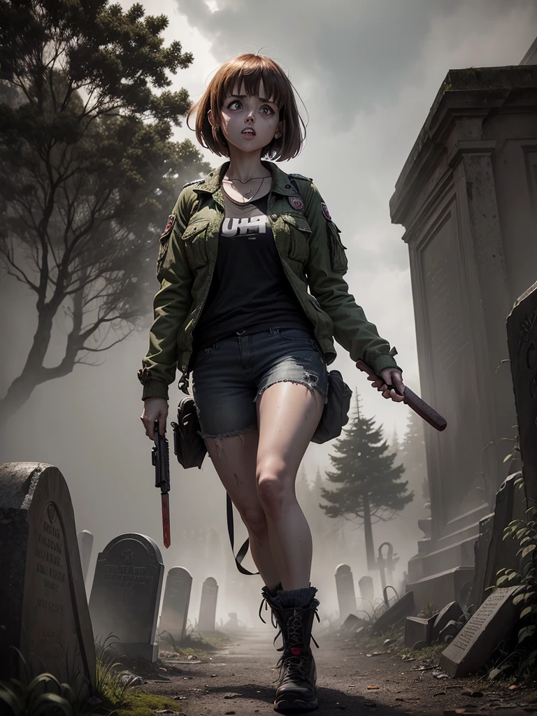 (a zombie hunter,camping clothes),(holding,clenched) (a bloody,red-stained) baseball bat,(in a cemetery),fighting zombies, (dark,nighttime),(scary,creepy) atmosphere, combination of comedy and horror,  (vivid colors,high contrast),(ominous,haunting) lighting, (sinister,menacing) shadows, (sinister laughter,comedic moments), (ultra-detailed,realistic:1.37)-description of the zombie hunter's face and expression, (detailed,expressive) facial features, (intense,determined) gaze, (clever,witty) dialogue, (suspenseful,dramatic) action, (eerie,mysterious) fog, (sinistermoonlight,magicalmoonlight),(moss-covered,aged) tombstones, (cracked,dilapidated) gravestones, (overgrown,decaying) vegetation, (ominous,melancholic) soundtrack,
(Uraraka Ochako) tw body horror.