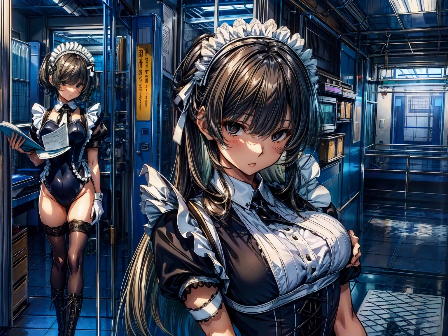 (Perfect Anatomy:1.2, Highest quality),(Maid leotard details:2.0),One Girl,alone,Long Hair:1.5, (Short sleeve, Thighs,Maid Cufflinks),,Hypno Lola, Hollow Eyes,(High heel lace-up boots:1.4),,Dark aura,Leotrad,,love for viewers,Look down,(at a research facility:1.8),(Fighting Pose:1.4),