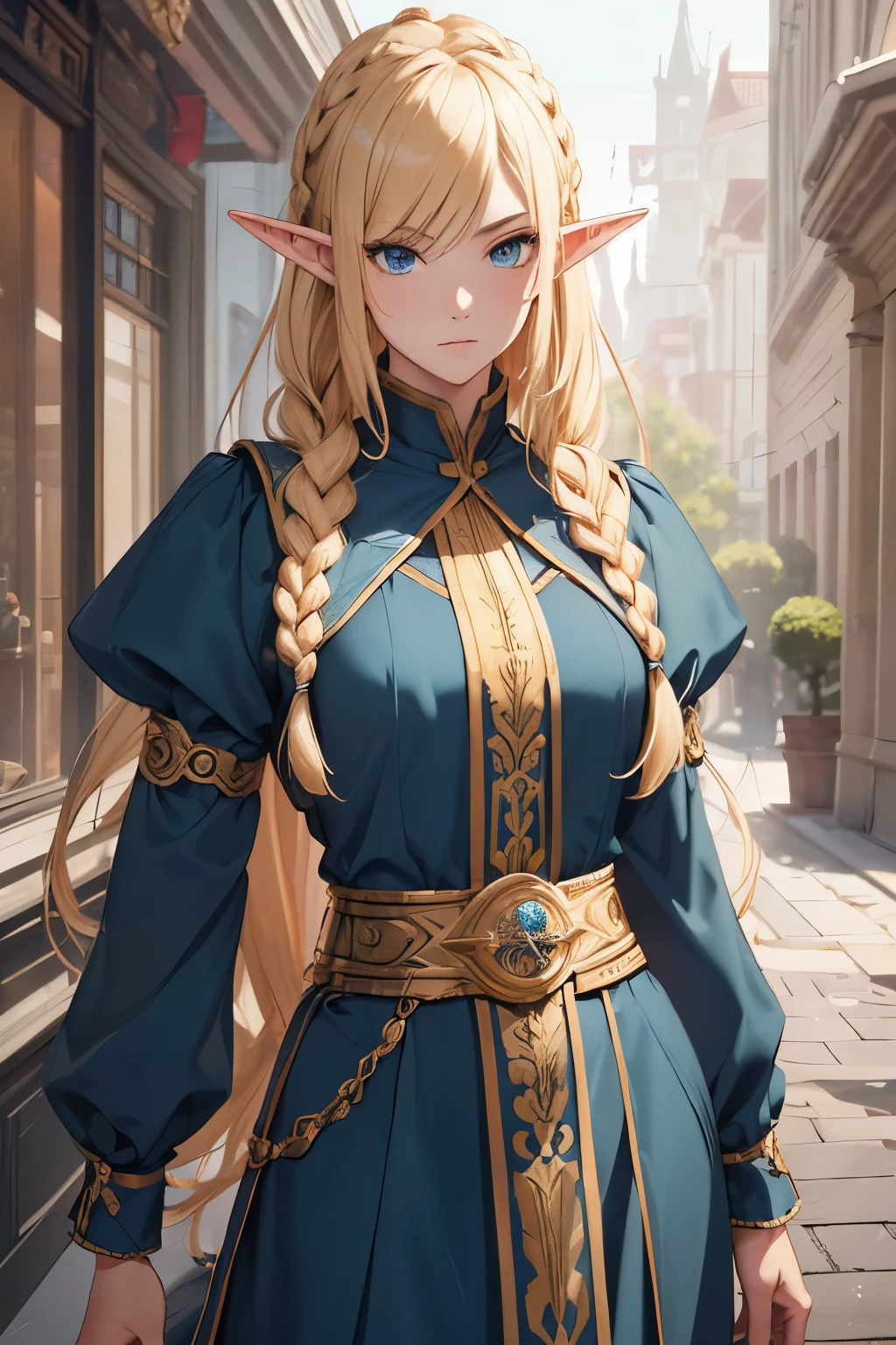 (absurderes, 8k, 4K, work of art, hyper extreme detailed:1.2), (fully body) (full size) (full viwer) standing alone, 1 elf man, from front view, face perfect, 1 elf man, (pointy ear) portraite, standing alone, Perfect Anatomia, masculine, Cao Cao , long blondie hair, braided hair.