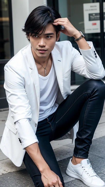 solo , 1man , thai man , white jacket , blue shirt with collar , black jeans , happy