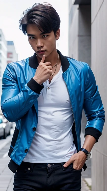 solo , 1man , thai man , white jacket , blue shirt with collar , black jeans , happy