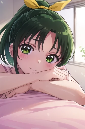 naomidorikawa, Nao Midorikawa, short hair, (Green Eyes:1.3), ponytail, Green Hair, ribbon, hair ribbon, smile, Thighs、Bed、blush、Shame face、(((Cute pink bra:1.3、Cute pink panties)))、break indoors,classroom、(((Bedに寝る)))、
break looking at viewer, Sexy pose、
break (masterpiece:1.2), Highest quality, High resolution, unity 8k wallpaper, (figure:0.8), (Beautiful attention to detail:1.6), Highly detailed face, Perfect lighting, Highly detailed CG, (Perfect hands, Perfect Anatomy),