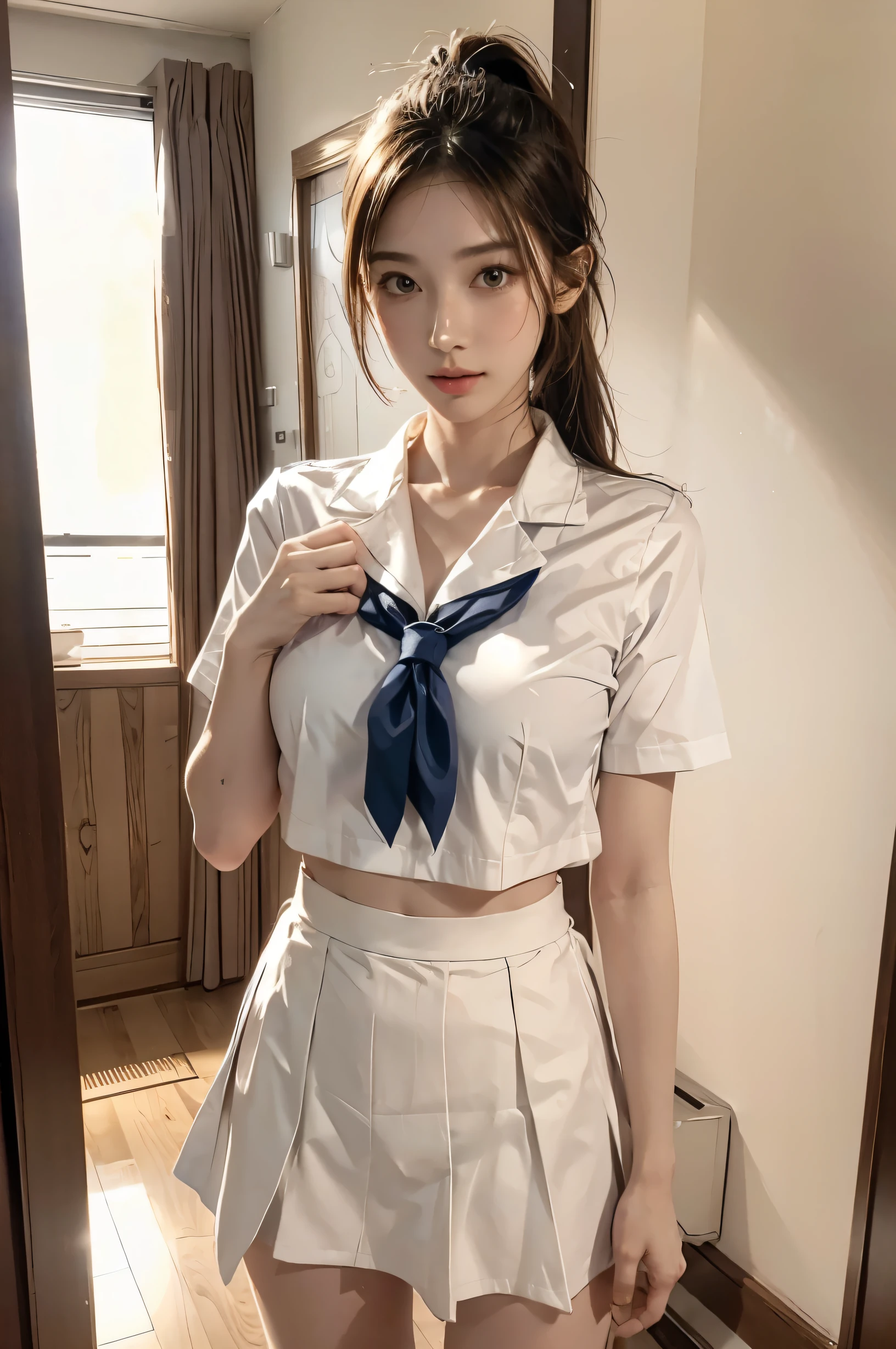 (Ultra HD), (Sailor suit:1.4, White short sleeve shirt, Navy blue mini skirt), Big Breasts, slender, whole body, Standing posture, (Clean and shiny skin, Whitening, No makeup), (Super slim face, Super beautiful face), (Light Brown Ponytail, Layered Cut, Fluffy hair), (double eyelid, Slanted Eyes), Small Nose, Thin lips, Thin legs, school gate