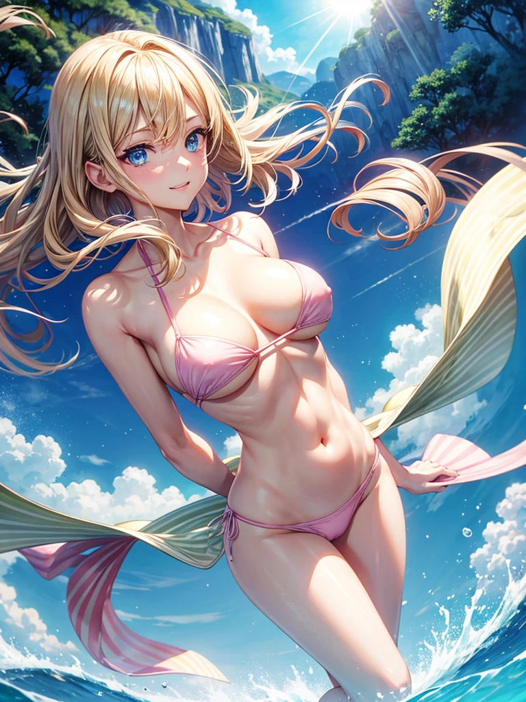Anime style, super fine illustration, highly detailed, beautiful detailed, pale tone image, gentle expression, pretty 1girl with blonde straight short hair & blue eyes & a bright smile & super huge breasts like watermelons & pink nipples & soft fair skin is wearing a light blue bikini on the romantic beach, brilliant particles of ligfts, Magic hour, romantic stories, solo, perfect fingers, perfect arms, perfect legs, masterpiece.