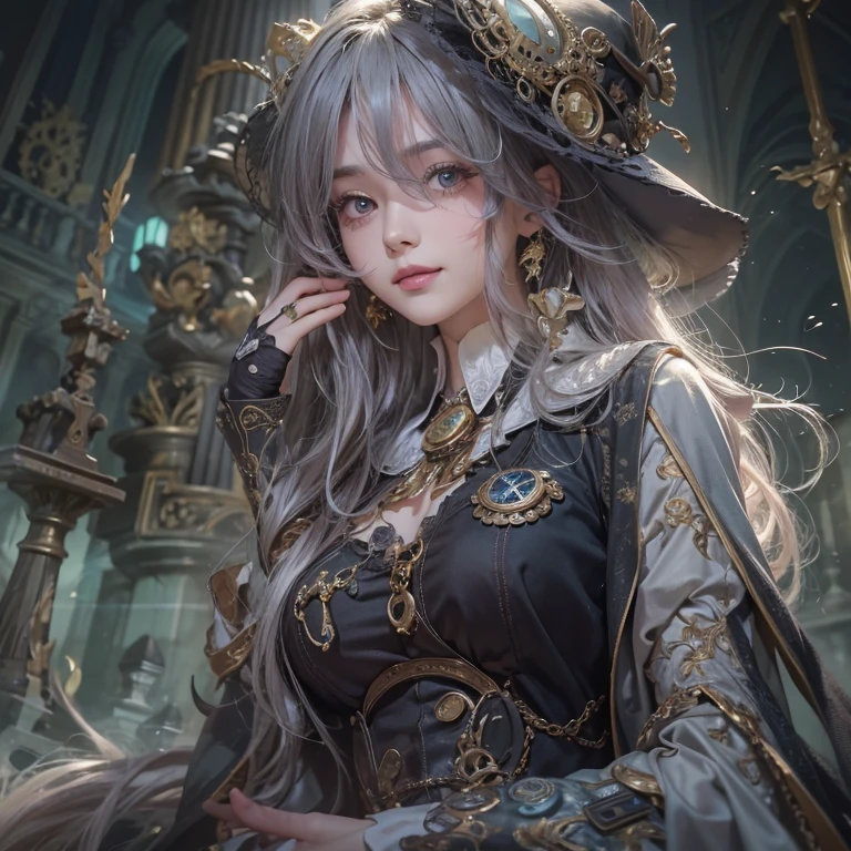 Standing in the grave、Hair Flow、 ((Highest quality、masterpiece、8k、Best image quality、Ultra-high resolution、Award-winning works)、(Accurate anatomy:1.1)、(Look at me and smile:1.1)、Shining fair skin with Ultra-high resolution、The most detailed face、Ultra-high resolution detailed face、Ultra-high resolutionの髪の毛、(Ultra-high resolution eye:1.1)、Beautiful face drawn in every detail、Steampunk costumes, Chest to chest, Strange atmosphere, Ghosts flow, Dark Light, At the cemetery, Heavy makeup
