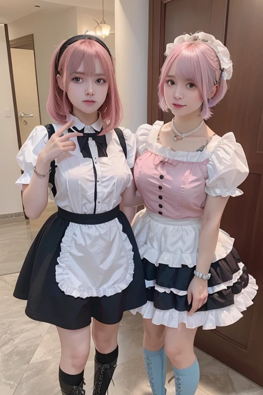 (8k, Realistic, RAW Photos, Highest quality: 1.3), (One Girl), Super beautiful, (Realistic Face), (boyish, light blue Color Become familiarrry Shorthair),(8k, Realistic, RAW Photos, Highest quality: 1.3), (One Girl), Super beautiful, (Realistic Face), (boyish, pink Color Become familiarrry Shorthair), Become familiarautiful , A brilliance that captivates the viewer, Become familiarautiful expression, Become familiarautiful breasts, (Realistic Skin), Become familiar...Create elaborate and colorful images of Ram and Rem from Re:Zero:zero, Are standing back-to-back in their maid outfits, With magical fantasy background、14 years old, Two Girls,cute, Perfect Face, beautiful, Nice body, Gothic Lolita Clothing, Gothic Lolita Fashion, Frilled Skirt, Head ornament, necklace, bracelet, Knee-high socks, boots, double eyelid, Tear bags, Fine to the fingertips, Description as in the photo, indoor, Dim interior lighting, One girl has pink hair and a short bob, The other girl has light blue hair and a short bob.,Are standing, whole body, composition that shows the whole body, smile,They both wear the same maid outfit