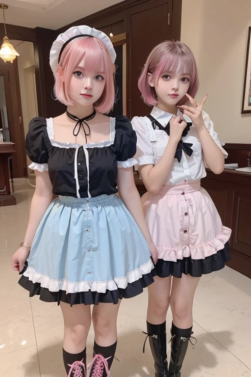 (8k, Realistic, RAW Photos, Highest quality: 1.3), (One Girl), Super beautiful, (Realistic Face), (boyish, light blue Color Become familiarrry Shorthair),(8k, Realistic, RAW Photos, Highest quality: 1.3), (One Girl), Super beautiful, (Realistic Face), (boyish, pink Color Become familiarrry Shorthair), Become familiarautiful , A brilliance that captivates the viewer, Become familiarautiful expression, Become familiarautiful breasts, (Realistic Skin), Become familiar...Create elaborate and colorful images of Ram and Rem from Re:Zero:zero, Are standing back-to-back in their maid outfits, With magical fantasy background、, Two Girls,cute, Perfect Face, beautiful, Nice body, Gothic Lolita Clothing, Gothic Lolita Fashion, Frilled Skirt, Head ornament, necklace, bracelet, Knee-high socks, boots, double eyelid, Tear bags, Fine to the fingertips, Description as in the photo, indoor, Dim interior lighting, One girl has pink hair and a short bob, The other girl has light blue hair and a short bob.,Are standing, whole body, composition that shows the whole body, smile,They both wear the same maid outfit