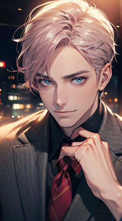 (Highest quality,4K,8K,High resolution,masterpiece:1.2),Super detailed,(Realistic,photoRealistic,photo-Realistic:1.37),1 person,31 years old,Mature Men,Beautiful skin、very handsome,Expressionless,smile,Short gray pink hair,blue eyes,Sharp Eyes,A perfect face without a doubt,Businessman,Office Background,Cinema Lighting,HDR image,tie、