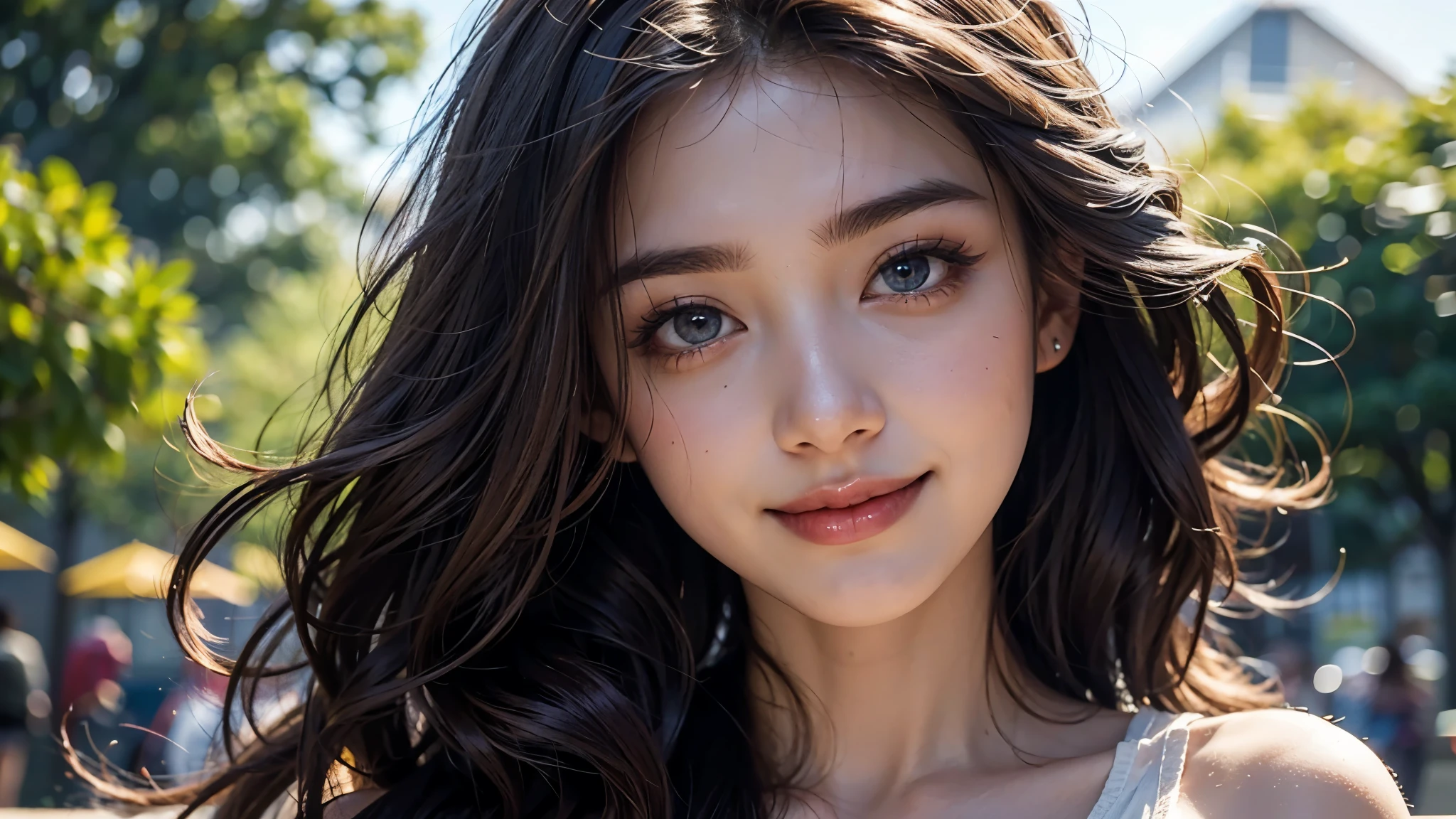 a pretty woman, Detailed face, Beautiful detailed eyes, beautiful detailed lips, long flowing hair, Dynamic movement, nice warm smile, (best quality,4K,8k,high resolution,head of'artwork:1.2),ultra-detailed,(realistic,photorealistic,photo-realistic:1.37),portrait,couleurs vives,natural lighting,tons chauds,pose dynamique,detailed facial features,Peau douce,elegant、Imiter les mouvements d'un chat