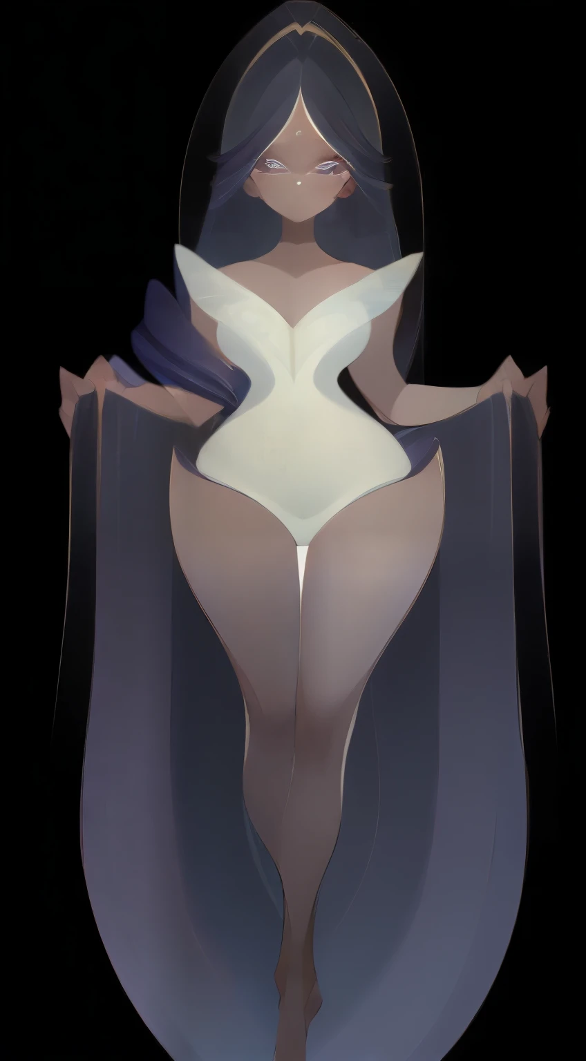 Girl with long thin purple hair, White Skin Skin, Vysokoch, Skinny, beatiful face, sharp facial features, Average Breasts, naked ass, white sneakers, stands upright, is looking at the camera, Full-length