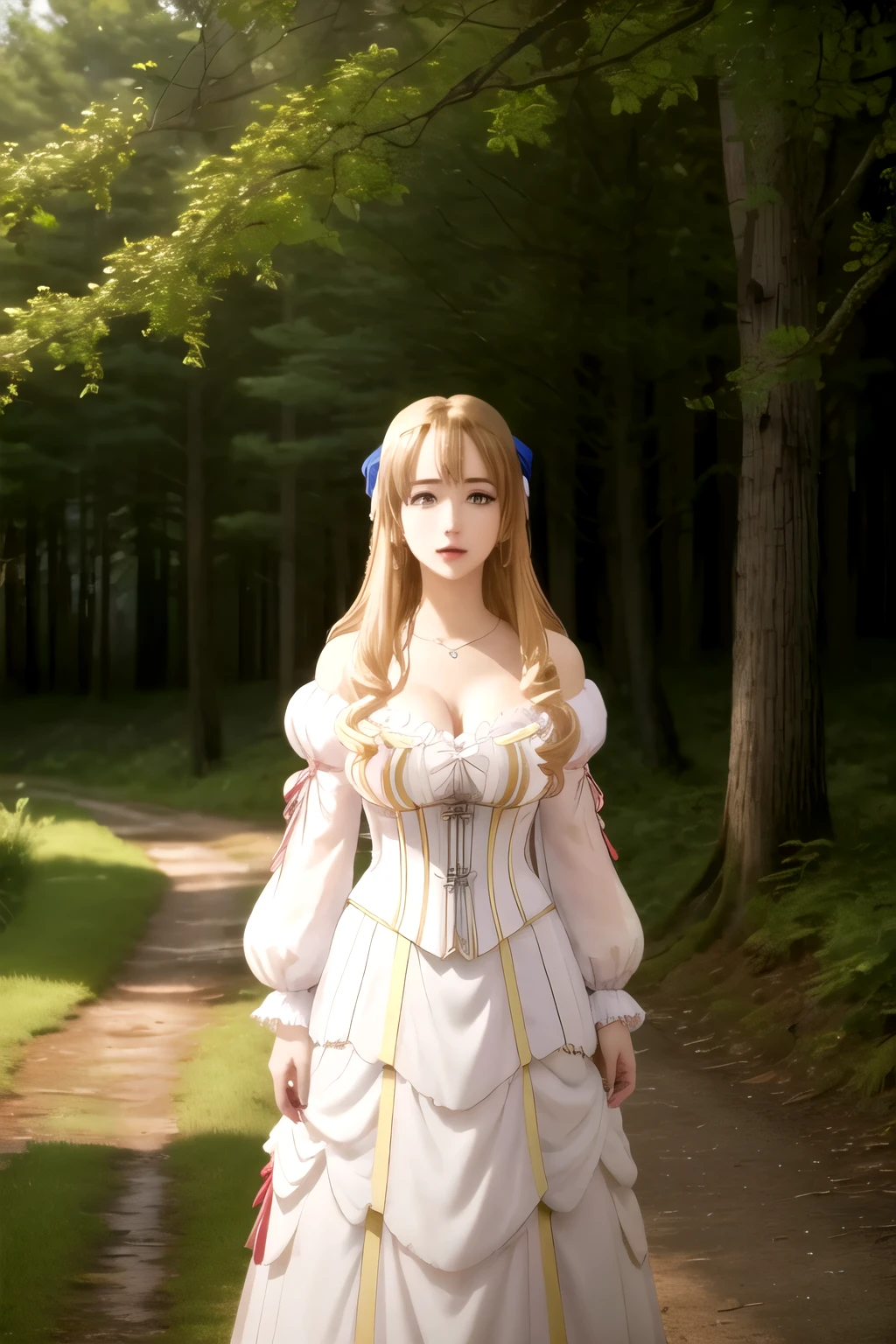 ((masterpiece, high quality, highres,))
outdoors, forest, sky, 
mariae, dress, cleavage,  