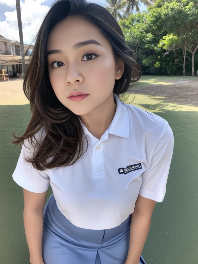 1girl, solo, (uniform), (zoom out: 1.5), standing, at the beach, face at center frame, beautifully beach scenery, cute angry face, thick breasts, smooth skin, ponytail hairstyle, tight white shirt, grey blue short skirt, looking at the audience, (low angle shot:1.3), (8k, RAW photo, best quality, masterpiece: 1.3), (realistic, realistic: 1.37), ultra-high resolution