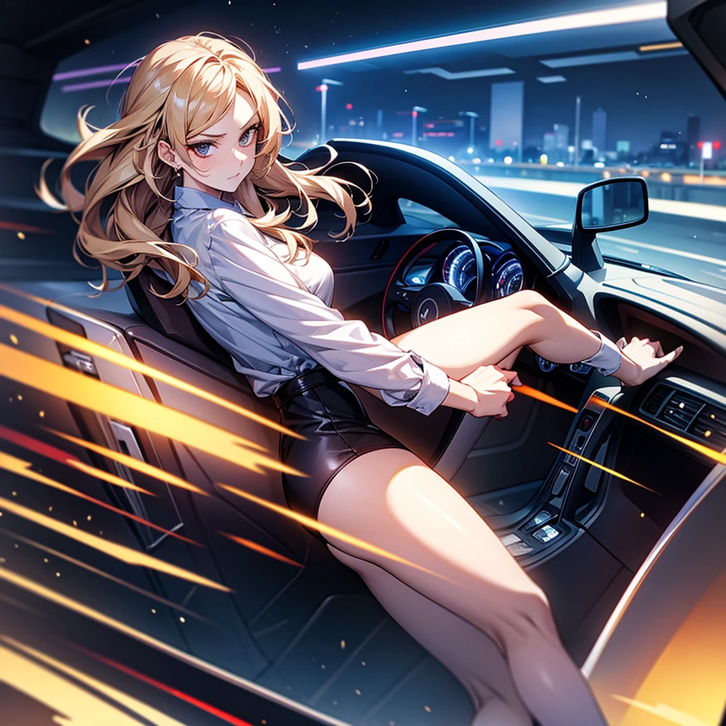 Masterpiece, Best Quality, High Quality, CG, 8K, Stylish woman with a serious expression driving a speeding car, anime style