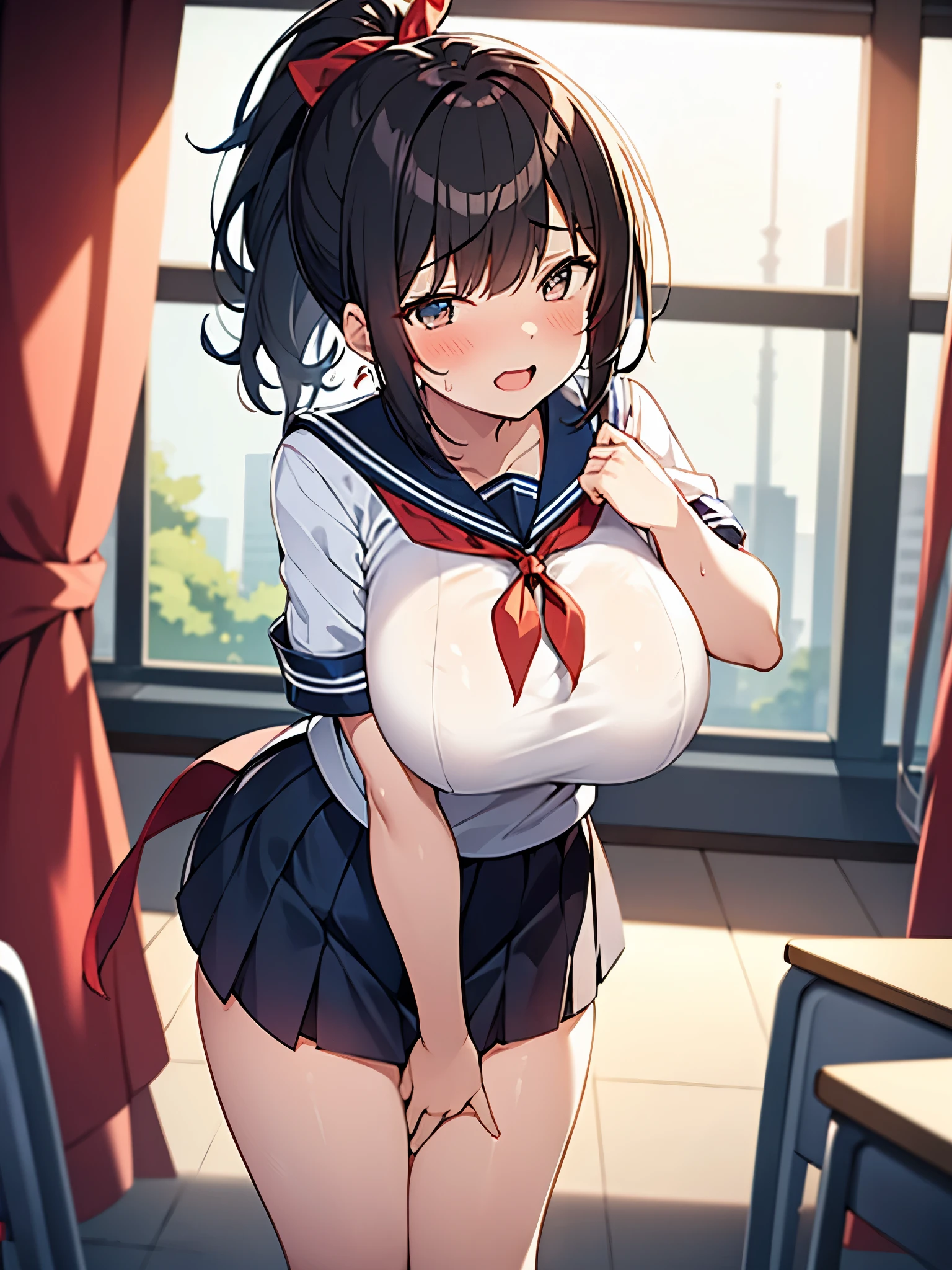 School classroom in the background, white sailor uniform, navy blue collar, red scarf, Solo NSFW:2.4. Ponytail:2.4. Having sex:1.9 The penis is being put in and taken out of the pussy:1.9 Summer uniform with navy blue collar, white sailor uniform, red ribbon, nude:1.9 Short sleeves Standing sex:1.9. Spread your legs wide:1.9 Showing off pussy, intense sex, school classroom, summer, screaming with pleasure:1.9 Excitement Anime drawings with vivid colors Tall women:1.9. Big breasts:1.9 Sweat, flushed cheeks, apartment bedroom, white sheets, short black hair, ponytail:1.9 Straight hair, bangs swept to the side:1.9. Slanted eyes, brown eyes, tall, strong-willed, beautiful