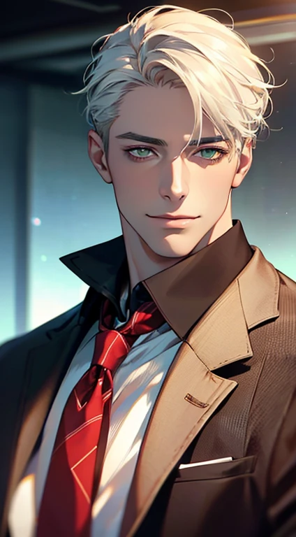 (Highest quality,4K,8K,High resolution,masterpiece:1.2),Super detailed,(Realistic,photoRealistic,photo-Realistic:1.37),1 person,34 years old,Mature Men,Beautiful skin、very handsome,Expressionless smile in love,Short white hair,green eyes,Sharp Eyes,A perfect face without a doubt,Businessman, CEO, Office Background,Cinema Lighting,HDR image,tie、
