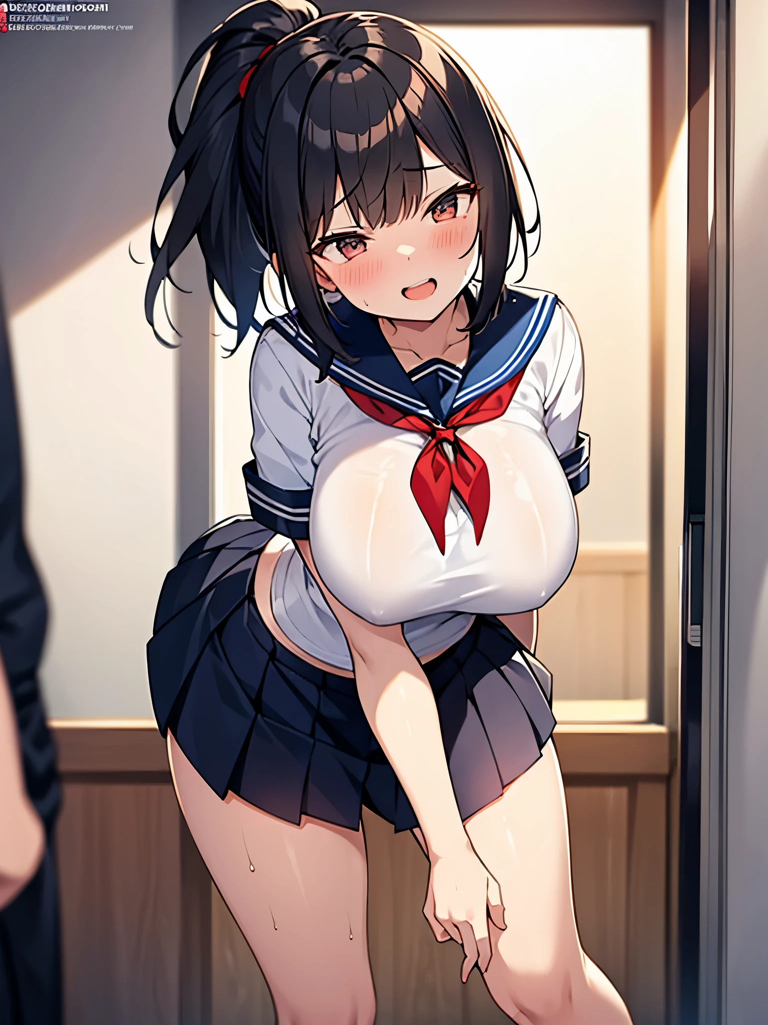 School classroom in the background, white sailor uniform, navy blue collar, red scarf, Solo NSFW:2.4. Ponytail:2.4. Having sex:1.9 The penis is being put in and taken out of the pussy:1.9 Summer uniform with navy blue collar, white sailor uniform, red ribbon, nude:1.9 Short sleeves Standing sex:1.9. Spread your legs wide:1.9 Showing off pussy, intense sex, school classroom, summer, screaming with pleasure:1.9 Excitement Anime drawings with vivid colors Tall women:1.9. Big breasts:1.9 Sweat, flushed cheeks, apartment bedroom, white sheets, short black hair, ponytail:1.9 Straight hair, bangs swept to the side:1.9. Slanted eyes, brown eyes, tall, strong-willed, beautiful