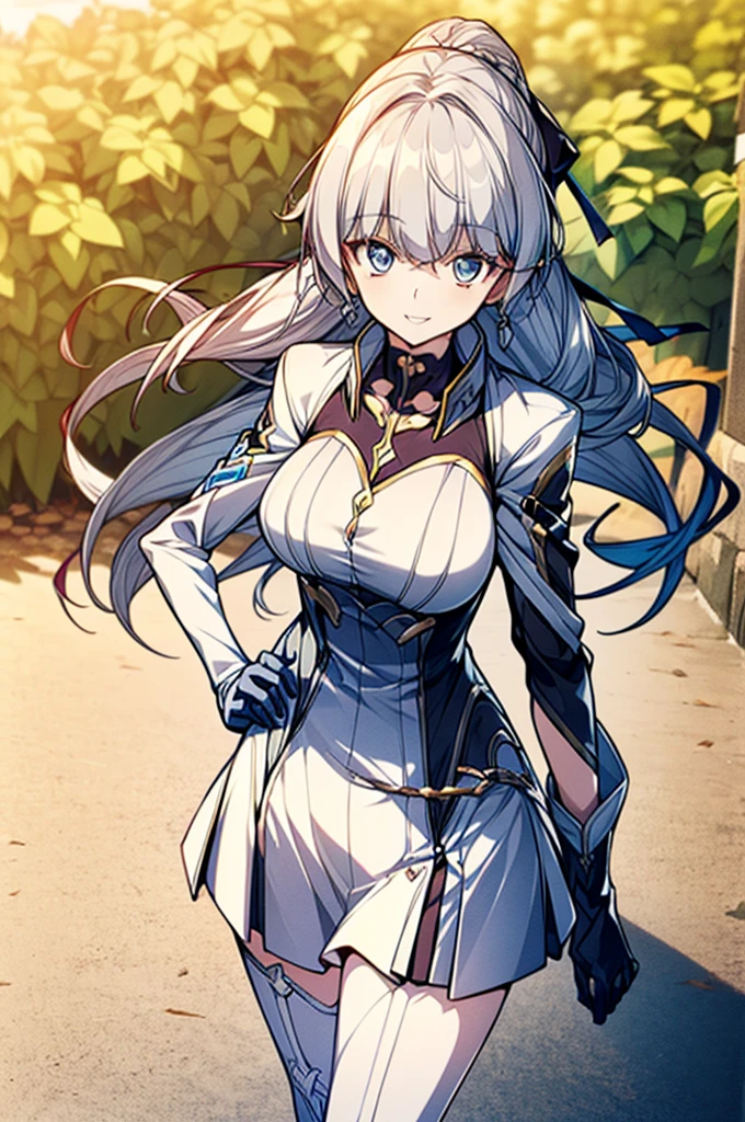 (full body),masterpiece, Highest quality, High resolution, One girl, alone, Grey Hair, Blue eyes, (sunfes，band uniform, No sleeve, White gloves, Pleated skirt, Knee-high boots), Cowboy Shot, Hands on hips, smile, Open your mouth, Outdoor，Thick thighs，(The skirt is blown up by the wind,),