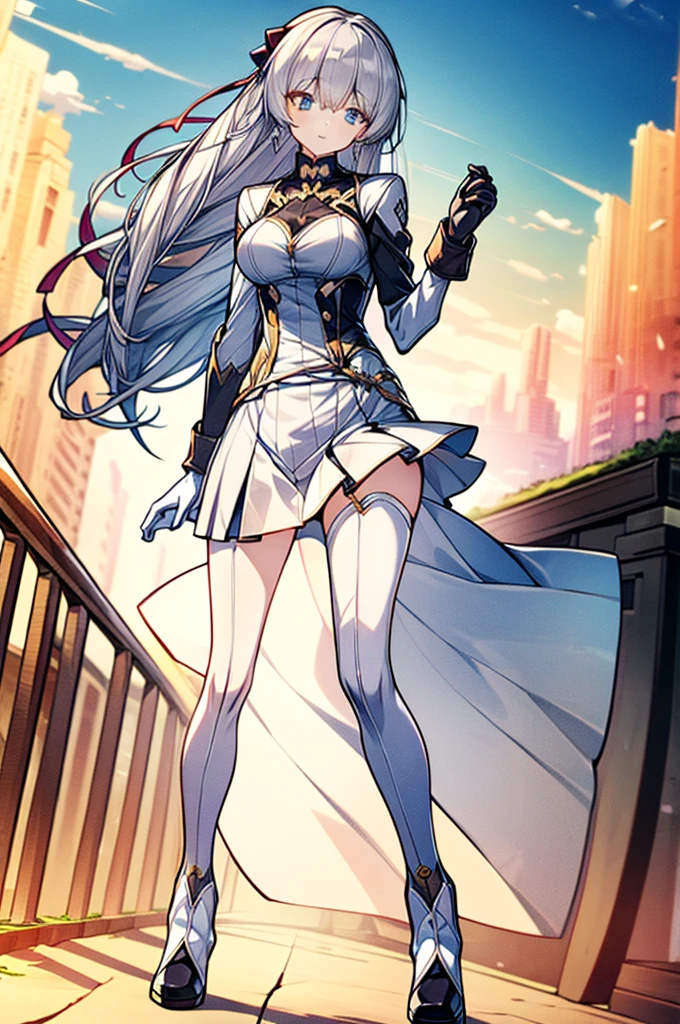 (full body),masterpiece, Highest quality, High resolution, One girl, alone, Grey Hair, Blue eyes, (sunfes，band uniform, No sleeve, White gloves, Pleated skirt, Knee-high boots), Cowboy Shot, Hands on hips, smile, Open your mouth, Outdoor，Thick thighs，(The skirt is blown up by the wind,),