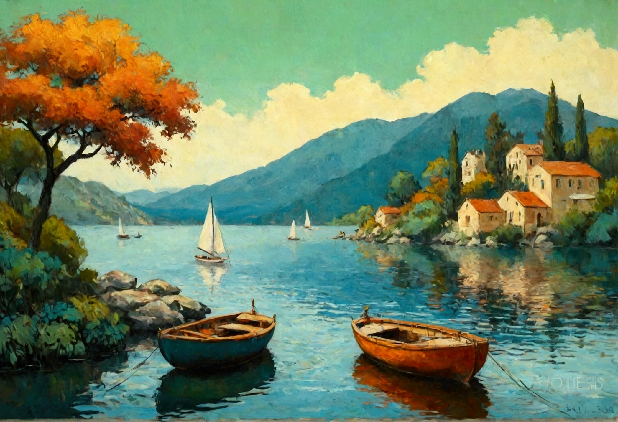 Sailing Boat , Sailing , Sea , Glass Wall Art , Canvas Wall Art, view of a sailings Boat on the waterside of a small lake mountain lake, award-winning, professional, highly detailed in, undefined,. Include vibrant pastel colors, sleek lines, and a retro summer atmosphere. The style should be reminiscent of vintage travel posters with a modern twist, modern art.