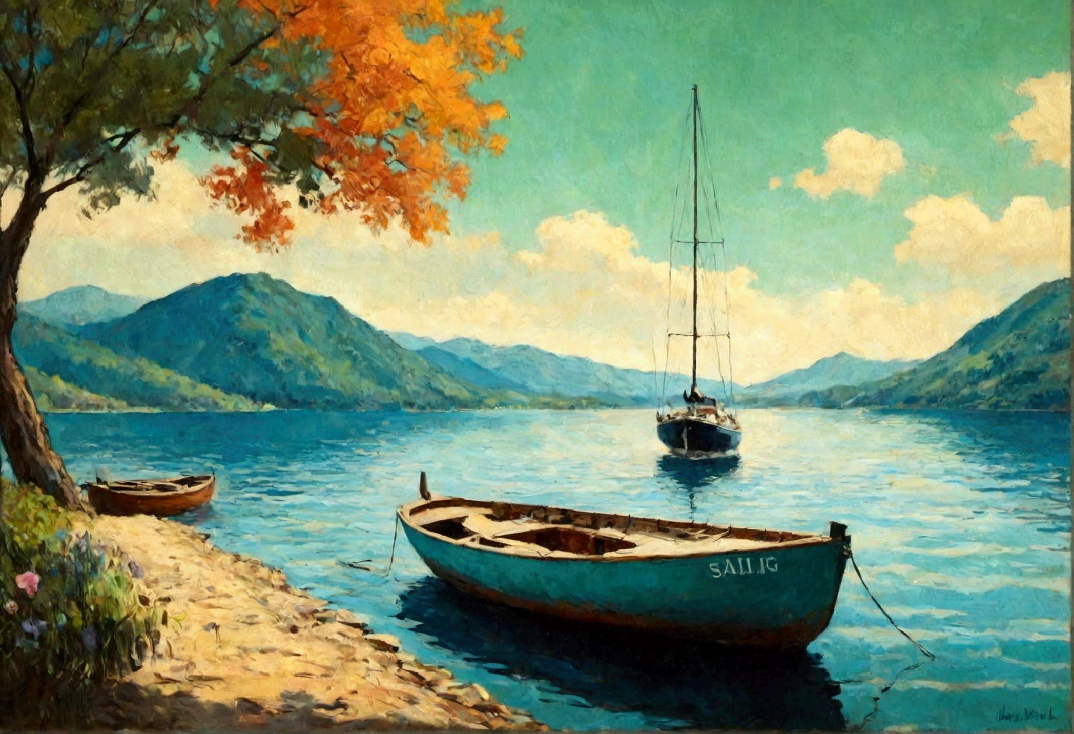 Sailing Boat , Sailing , Sea , Glass Wall Art , Canvas Wall Art, view of a sailings Boat on the waterside of a small lake mountain lake, award-winning, professional, highly detailed in, undefined,. Include vibrant pastel colors, sleek lines, and a retro summer atmosphere. The style should be reminiscent of vintage travel posters with a modern twist, modern art. 