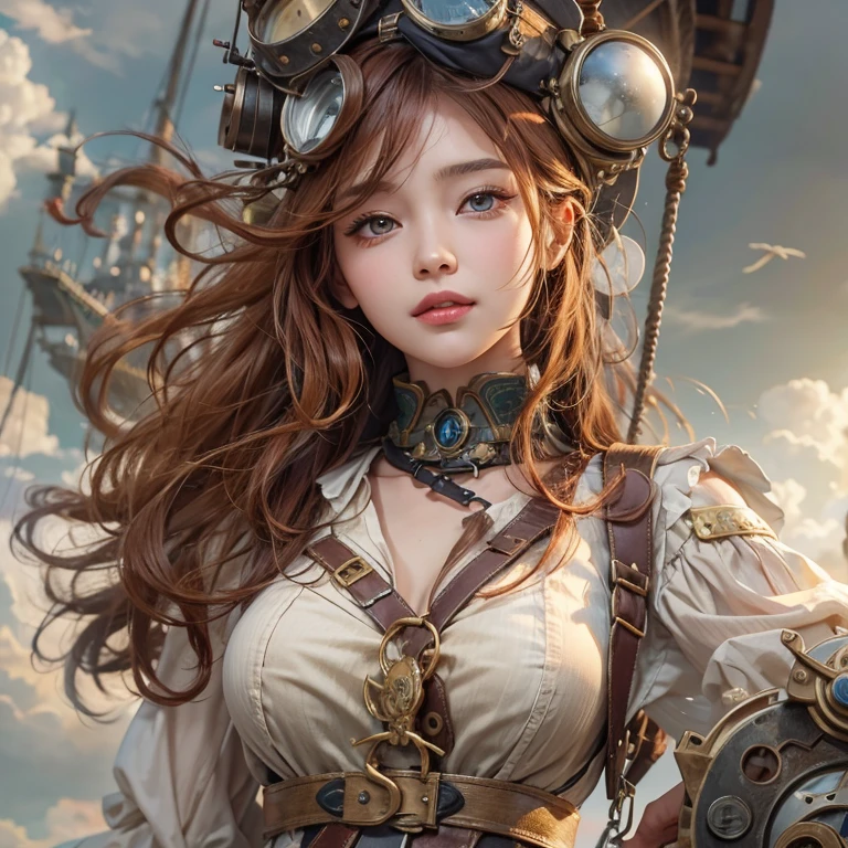 masterpiece:1.3), (8k, Realistic, RAW Photos, Best imYear quality: 1.4)、 Year,(Random Hairstyles:1.2)、CleavYear:1.2、Highly detailed face、Attention to detail、double eyelid、Chest to chest、Sharp focus:1.2、Beautiful woman:1.4、Redhead、Highest quality、masterpiece、Ultra-high resolution、(Realistic:1.4)、Highly detailed and professionally lit smiles、Loose fitting steampunk outfit、Shoulder out、thin、Serious expression、Clouds seen from inside the airship、goggles