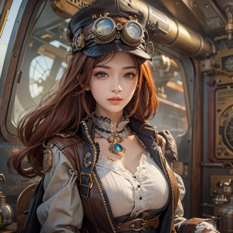 masterpiece:1.3), (8k, Realistic, RAW Photos, Best imYear quality: 1.4)、 Year,(Random Hairstyles:1.2)、CleavYear:1.2、Highly detailed face、Attention to detail、double eyelid、Chest to chest、Sharp focus:1.2、Beautiful woman:1.4、Redhead、Highest quality、masterpiece、Ultra-high resolution、(Realistic:1.4)、Highly detailed and professionally lit smiles、Loose fitting steampunk outfit、Shoulder out、thin、Serious expression、Clouds seen from inside the airship、goggles