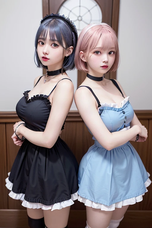 (8k, Realistic, RAW Photos, Highest quality: 1.3), (One Girl), Super beautiful, (Realistic Face), (boyish, light blue Color Become familiarrry Shorthair),(8k, Realistic, RAW Photos, Highest quality: 1.3), (One Girl), Super beautiful, (Realistic Face), (boyish, pink Color Become familiarrry Shorthair), Become familiarautiful , A brilliance that captivates the viewer, Become familiarautiful expression, Become familiarautiful breasts, (Realistic Skin), Become familiar...Create elaborate and colorful images of Ram and Rem from Re:Zero:zero, Are standing back-to-back in their maid outfits, With magical fantasy background、14 years old, Two Girls,cute, Perfect Face, beautiful, Nice body, Gothic Lolita Clothing, Gothic Lolita Fashion, Frilled Skirt, Head ornament, necklace, bracelet, Knee-high socks, boots, double eyelid, Tear bags, Fine to the fingertips, Description as in the photo, indoor, Dim interior lighting, One girl has pink hair and a short bob, The other girl has light blue hair and a short bob.,Are standing, whole body, composition that shows the whole body, smile,They both wear the same maid outfit,Optimal ratio of four fingers to one thumb