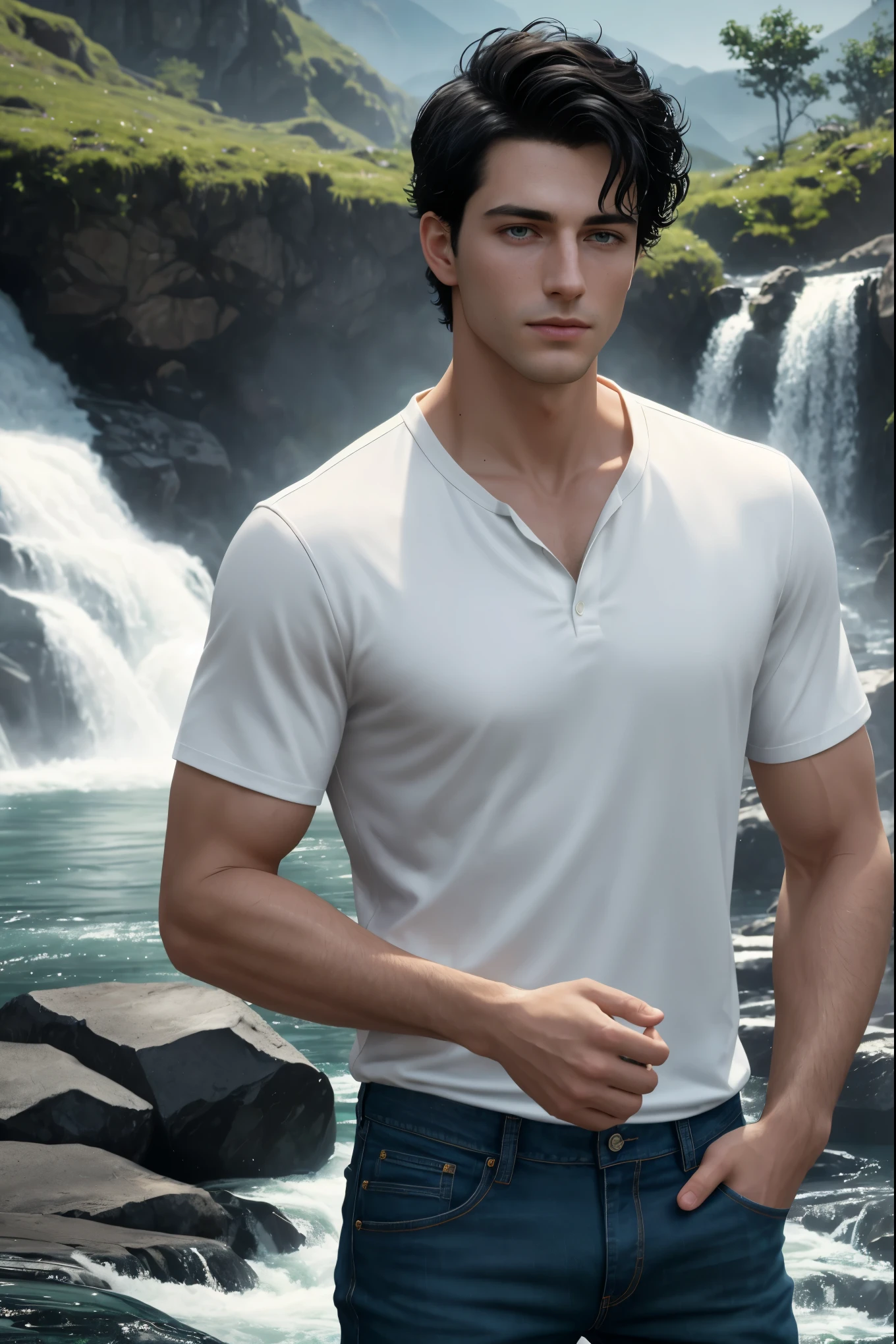 Masterpiece, A boy has short black hair and green eyes, 1boy, AS-Adult, short-haired, black hair, amazing physicality, white shirt and jeans, green eyes, wavy-hair, totally-clean-shave symmetrical face. Symmetrical, smooth, clean shave focus, illustration, realistic, artstation, award winning photography, octane render, cinematic lighting from the right, hyper realism, octane render, 8k, depth of field, 3D, he looks at the viewers, backgound mountains and waterfalls