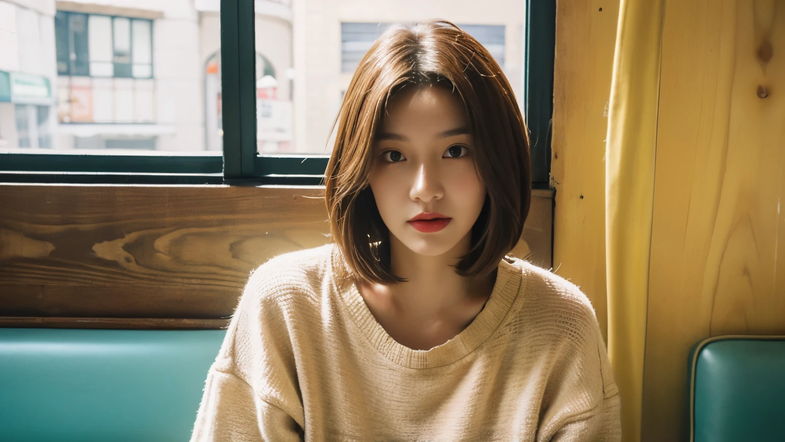 The best quality at its best,masterpiece,Ultra-high resolution,(Reality:1.4),RAW Photos,movie-like texture,1 cool girl,Tall and tall，Wearing fresh summer clothes, Photographed inside the cafe，Looking into the camera，fashion photoshoot, Brown bob hair, Gorgeous eyes
