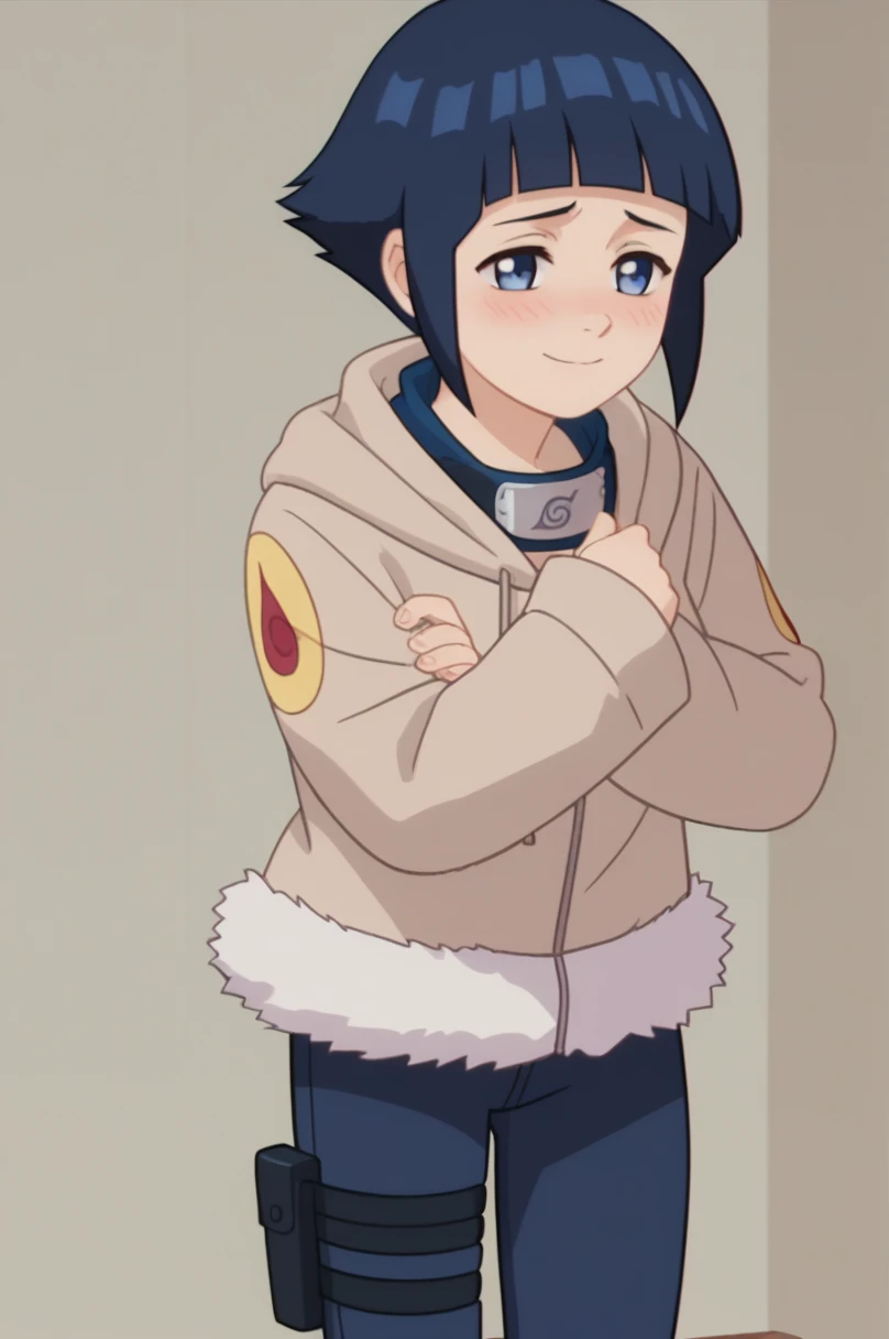 short hair, dark blue hair, 1 girl, blunt bangs, shiny hair, hoodie, Alone, hood down, long sleeves, shy, blush, leather trim, SMILE,  thigh holster,symbol of konohagakure, forehead protector, naked, bottomless, pussy, 
cheered up screencap, cheered up coloring,