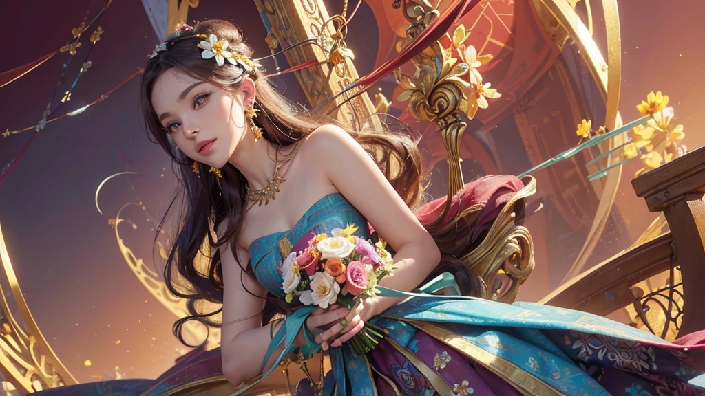 32K, 最高quality, 最高masterpiece, (ultra-Detailed Background, Detailed Background), High resolution, Super detailed, Very detailedな, One girl, (bouquet:1.3), (Tangled:1.2), (Geometric:1.2),(colorful),(masterpiece, quality, best quality, Official Art, Beautiful and beautiful:1.2), (1 girl:1.3), Very detailed,(colorful:1.1)(Flowers:1.3),Most detailed,(Tangled:1.2), whole body, (Abstract background:1.3), (Skin glows), (Many colors:1.4), ,(Earrings Jewelry:1.5), Pink Background,