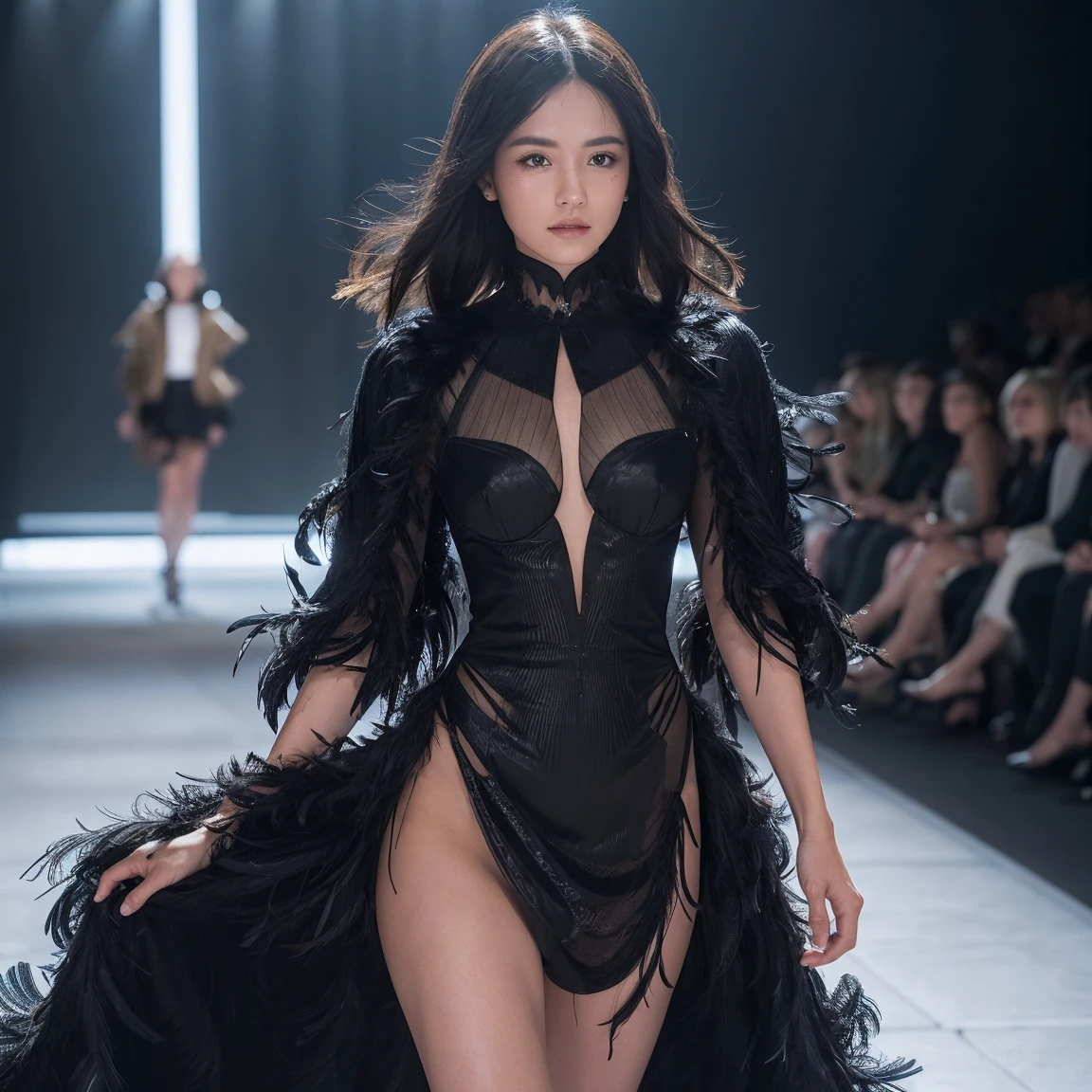 A woman in a black dress and feather jacket walks down the runway, black ハイfashion, ハイfashion! fashion!, !! ハイfashion!!, Thierry Mügler, !!! ハイfashion!!!, Dresses made of feathers, wearing a feather dress, ! ハイfashion!, Inspired by Nicolas Caronet, ハイfashion fashion, high fashion ハイfashion, Inspired by Marie Bashkirtsev,((Top Quality)), ((Masterpiece)), (Details: 1.4), 3d, Thick voluminous hair, light particles, pure energy chaos antitech, HDR (High Dynamic Range), ray tracing, nvidia RTX, super resolution, Unreal 5, subsurface scattering, PBR Texturing, post-processing, anisotropic filtering, depth of field, maximum clarity and sharpness, multi-layer textures, Albedo and specular maps, surface shading, accurate simulation of light and material interaction, perfect proportions, Octane rendering, two-tone lighting, wide aperture, low ISO, white balance, trichotomy, 8K RAW