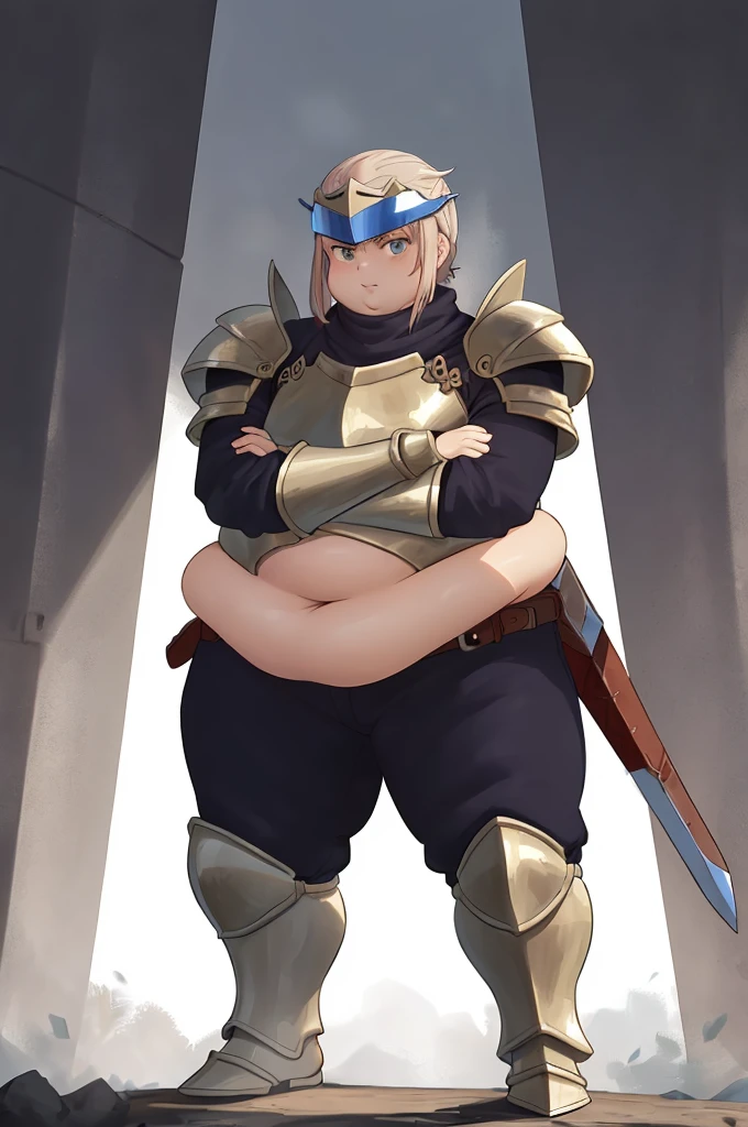 Original Character, Fantasy Concept Art, Volumetric Lighting, Best Shadows, Shallow Depth of Field, Portrait Of Noble Knight Man, Dignified, Delicate Tactical Heavy Armor, Opaque Visor, Face Armor, Pauldrons, Obese Girl, Fat Belly, Tasset Belt, Gauntlet, Poleyn, High Quality Armor Texture, Broad Shoulders, Extremely Tall. Sword Scabbard, Standing Tall, Crossed Arms, Looking At Viewer, Glaring Sunlight, Rose Garden, Rose Thornbush, (Highest Quality, Amazing Details:1.25), (Solo:1.3), Brilliant Colorful Paintings