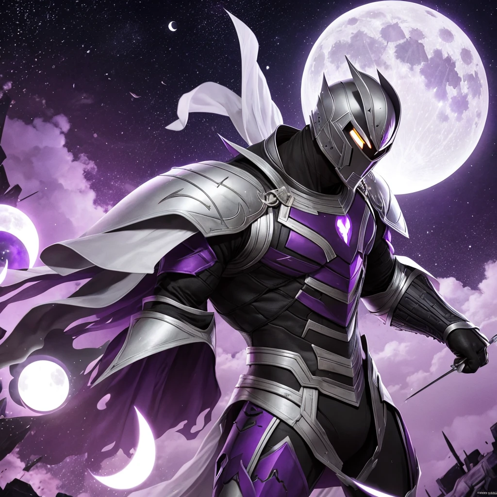 Black man knight with white moons on his purple and black armor