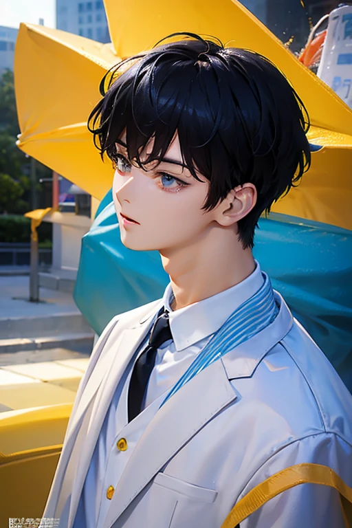 masterpiece, masterpiece_portrait, separate, separate_video, High_solve, Highres, High_quality_japanese cartoon movies, High_quality, hyper_Detail, finely_Detailed,4K, men, Cha Eunwoo, man in suit, Yellow suit,