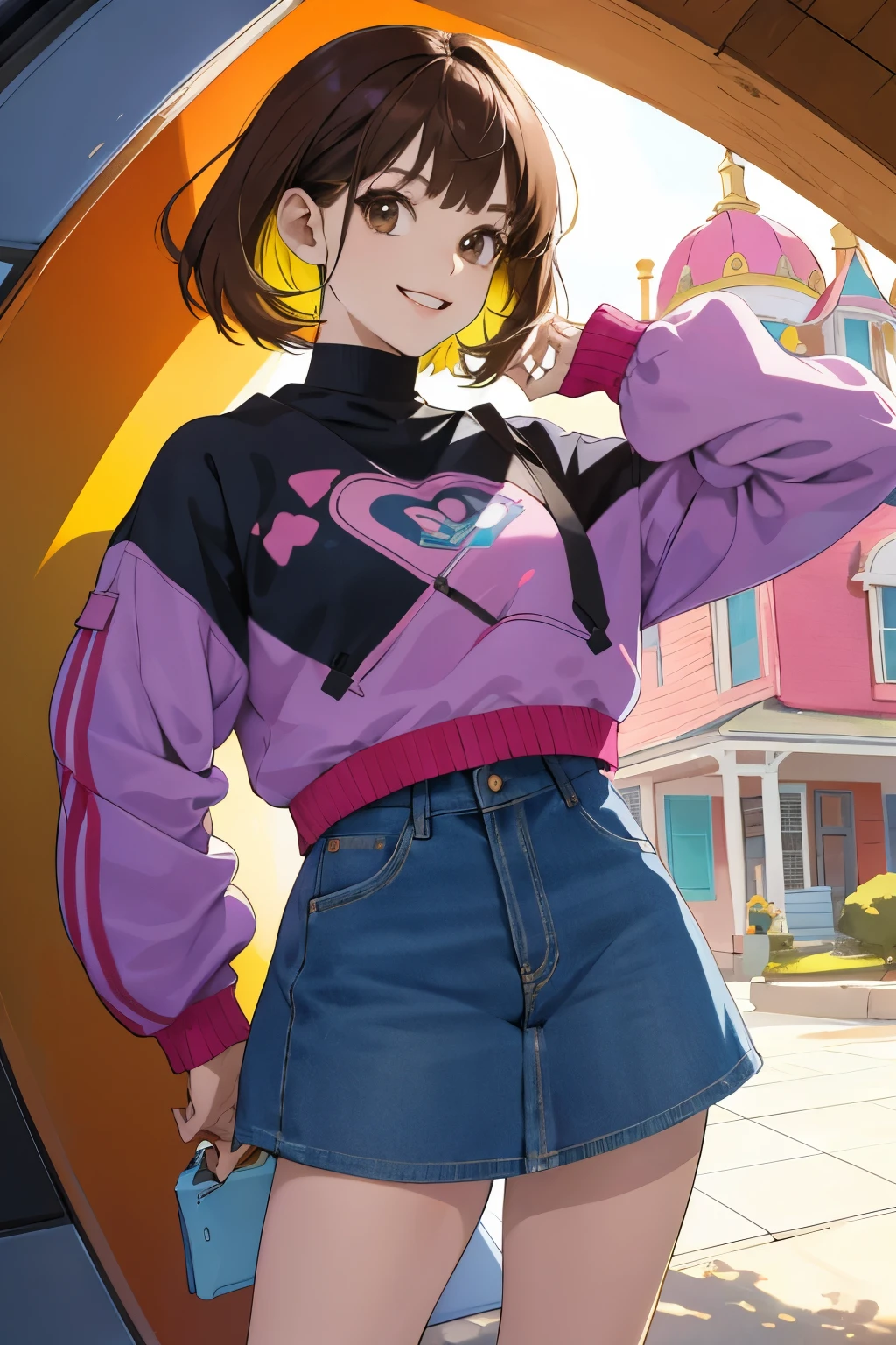 (1) age girl and dome house in the background, (1.2), kawaii style, bright colors, cartoonish features, (1) happy expression, (2) rounded cheeks, (3) brunette hair with bangs, (4) shiny and well-maintained, (5) brown eyes sparkling with joy, (6) wearing a denim mini skirt and a matching jacket, (7) comfortable and casual look, (8) detailed and colorful dome house in the background, (9) modern and futuristic design, (10) intricate details and decorations, (11) contrasting colors and lighting, making the house pop against the