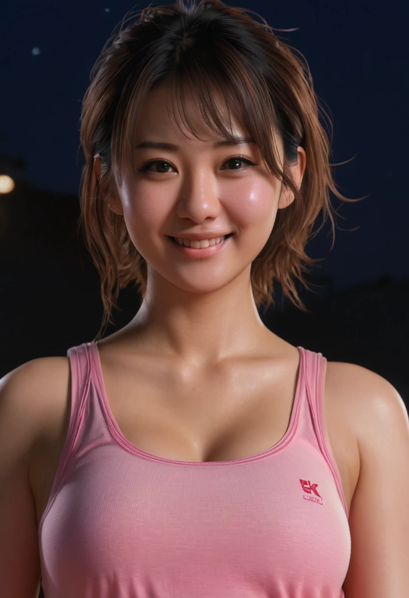 (Ultra-realistic), (figure), (High resolution), (8k), (Very detailed), (Best figure), (Beautiful attention to detail), (Highest quality), (Super detailed), (masterpiece), (wallpaper), (Detailed face), night, Upper body close-up,Underarm, smile,Plump,alone,A girl in a simple pink tank top, Sweaty, Japanese, big, (Camel Toe)
