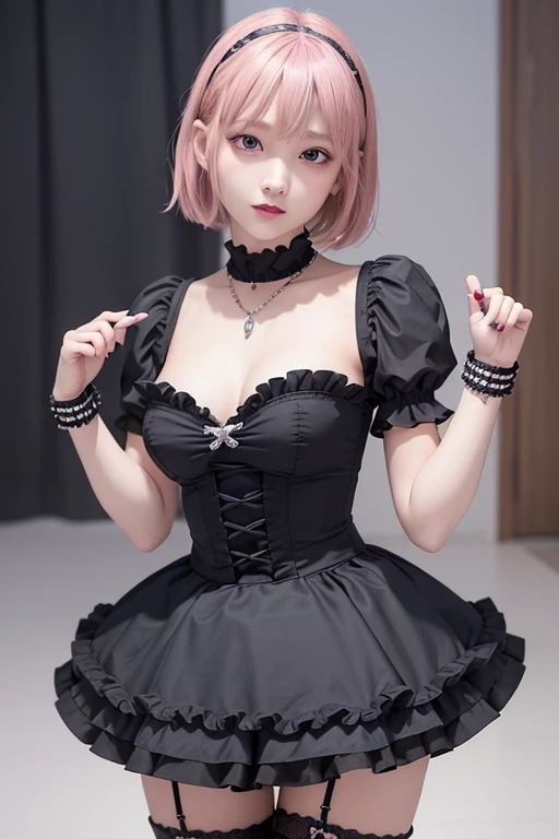 (8k, Realistic, RAW Photos, Highest quality: 1.3), (One Girl), Super beautiful, (Realistic Face), (boyish, light blue Color Become familiarrry Shorthair),(8k, Realistic, RAW Photos, Highest quality: 1.3), (One Girl), Super beautiful, (Realistic Face), (boyish, pink Color Become familiarrry Shorthair), Become familiarautiful , A brilliance that captivates the viewer, Become familiarautiful expression, Become familiarautiful breasts, (Realistic Skin), Become familiar...Create elaborate and colorful images of Ram and Rem from Re:Zero:zero, Are standing back-to-back in their maid outfits, With magical fantasy background、, Two Girls,cute, Perfect Face, beautiful, Nice body, Gothic Lolita Cloth Gothic Lolita Fashion, led Skirt, Head ornament, necklace, bracelet, Knee-high socks, boots, double eyelid, Tear bags, Fine to the fingertips, Description as in the photo, indoor, Dim interior lighting, One girl has pink hair and a short bob, The other girl has light blue hair and a short bob.,Are standing, whole body, composition that shows the whole body, smile,They both wear the same maid outfit,Optimal ratio of four fingers to one thumb