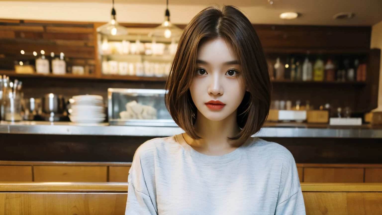 The best quality at its best,masterpiece,Ultra-high resolution,(Reality:1.4),RAW Photos,movie-like texture,1 cool girl,Tall and tall，Wearing fresh summer clothes, Photographed inside the cafe，Looking into the camera，fashion photoshoot, Brown bob hair, Gorgeous eyes