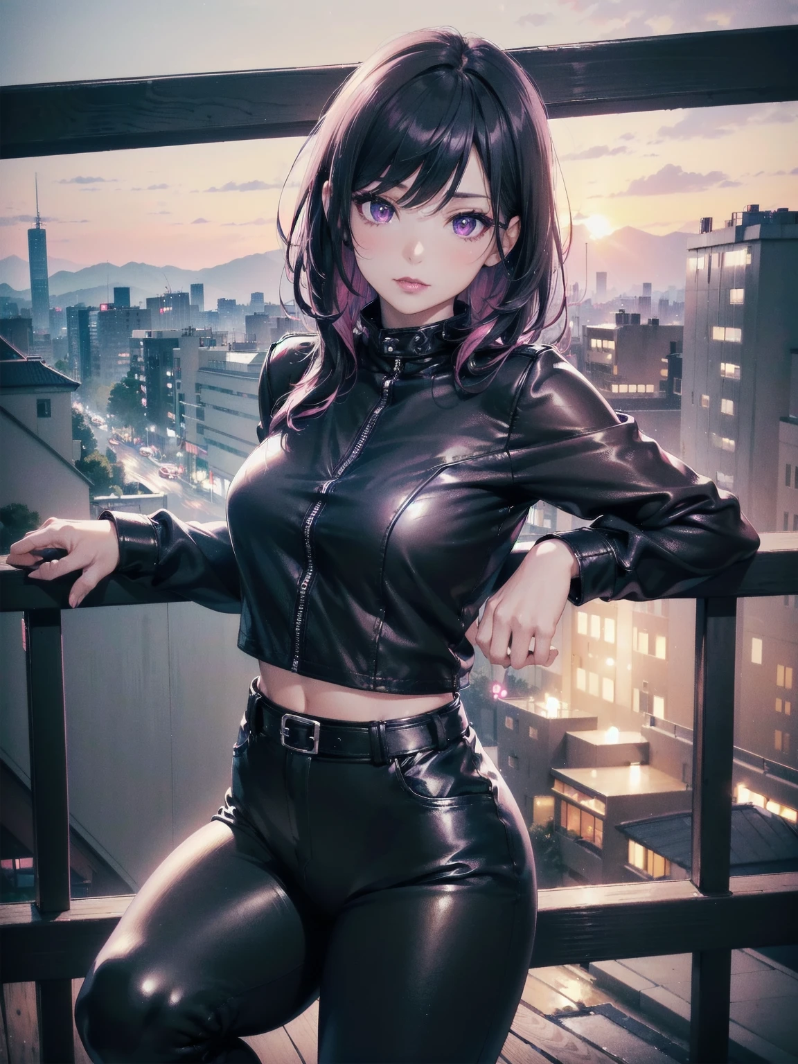 ((Alone, 1 woman, takashirohiroko, dark purple eyes, black hair, pink lipstick, extremely detailed, Soft ambient lighting, 4k, Perfect eyes, a perfect face, perfect lighting, a 1 girl)), ((Alone, (1 woman, pink lipstick), extremely detailed, Soft ambient lighting, 4k, Perfect eyes, a perfect face, perfect lighting, a 1 girl)), ((black leather pants, High heels, wool blouse, black blouse, Leggings negros, leather pants, Black pants, tight clothes, shiny leather, leather, leathery, cottage, balcony, leaning on a balcony, leaning on the railing , leaning on the railing on a balcony, , Looking left, Side perspective, admiring the landscape, farm background, pond))