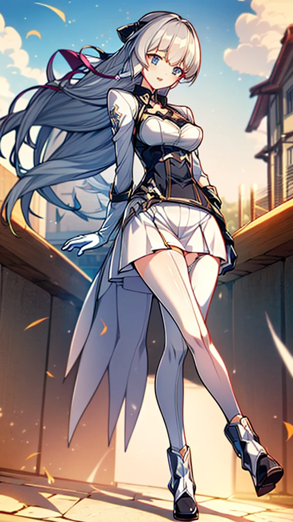 (full body),masterpiece, Highest quality, High resolution, One girl, alone, Grey Hair, Blue eyes, (sunfes，band uniform, No sleeve, White gloves, Pleated skirt, Knee-high boots), Cowboy Shot, Hands on hips, smile, Open your mouth, Outdoor，Thick thighs，(The skirt is blown up by the wind,),