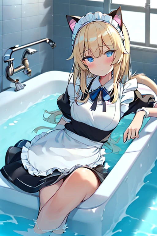 (Ultra high quality:1.6), (Highest quality:1.4), (Attention to detail:1.4), (Ultra-high resolution:1.6), (Detailed face:1.4), (Perfect Face:1,4), (Beautiful Eyes:1,6), (Detailed eyes:1.6), (Maid clothes, White apron, Headband, Black Dress, Blue ribbon, Maid clothes, Classic, Small breasts, Long:1.4), (白と黒のMaid clothes:1.6), (Blonde, Blue Eyes, Cat ear:1.5), cute, The best smile, Soaking wet, (Water droplets all over the body, 全身White foamまみれ:1.4), (Swimming in clothes, bathing, Bathroom, Longの浴槽:1.6), (relax, Relax:1.6), (Bubble bath:1.4, White foam:1.4), (Soak in the bathtub fully clothed, Submersion:1.6), (胸までSubmersion:1.6), 衣服にもWhite foam, つま先から胸までSubmersion, White bubble