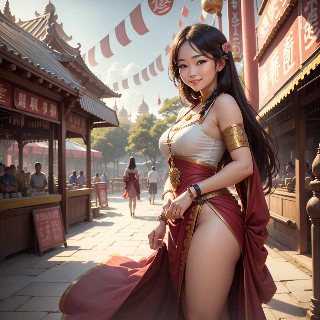 Kpop idol: 1.2, mix4, 1 Korean girl, , (light eyebrows: 1.4), shiny brown eyes, bun head, tied two braids, ancient city, Chinese temple, high mountain, beautiful detail sky, street (crowd:1.2), night, (nose blush), hanfu, happy, smile, cleavage showing her nipples, her crotch , vagina