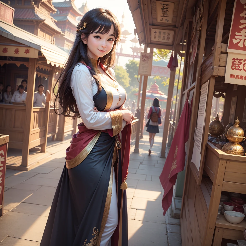 A beautiful, realistic young woman smiles, standing in a temple fair amusement park. Wide viewing angle see the scenery