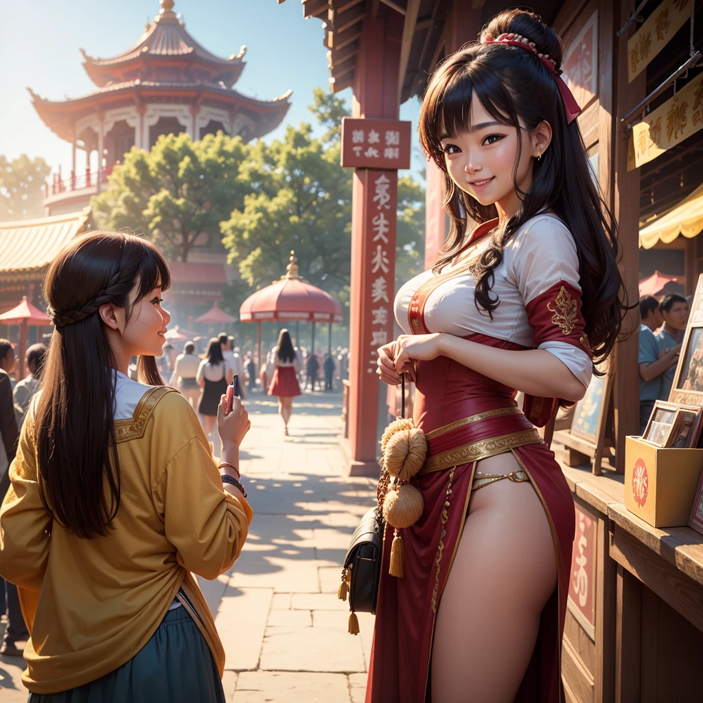 Kpop idol: 1.2, mix4, 1 Korean girl, , (light eyebrows: 1.4), shiny brown eyes, bun head, tied two braids, ancient city, Chinese temple, high mountain, beautiful detail sky, street (crowd:1.2), night, (nose blush), hanfu, happy, smile, cleavage showing her nipples, her crotch , vagina
