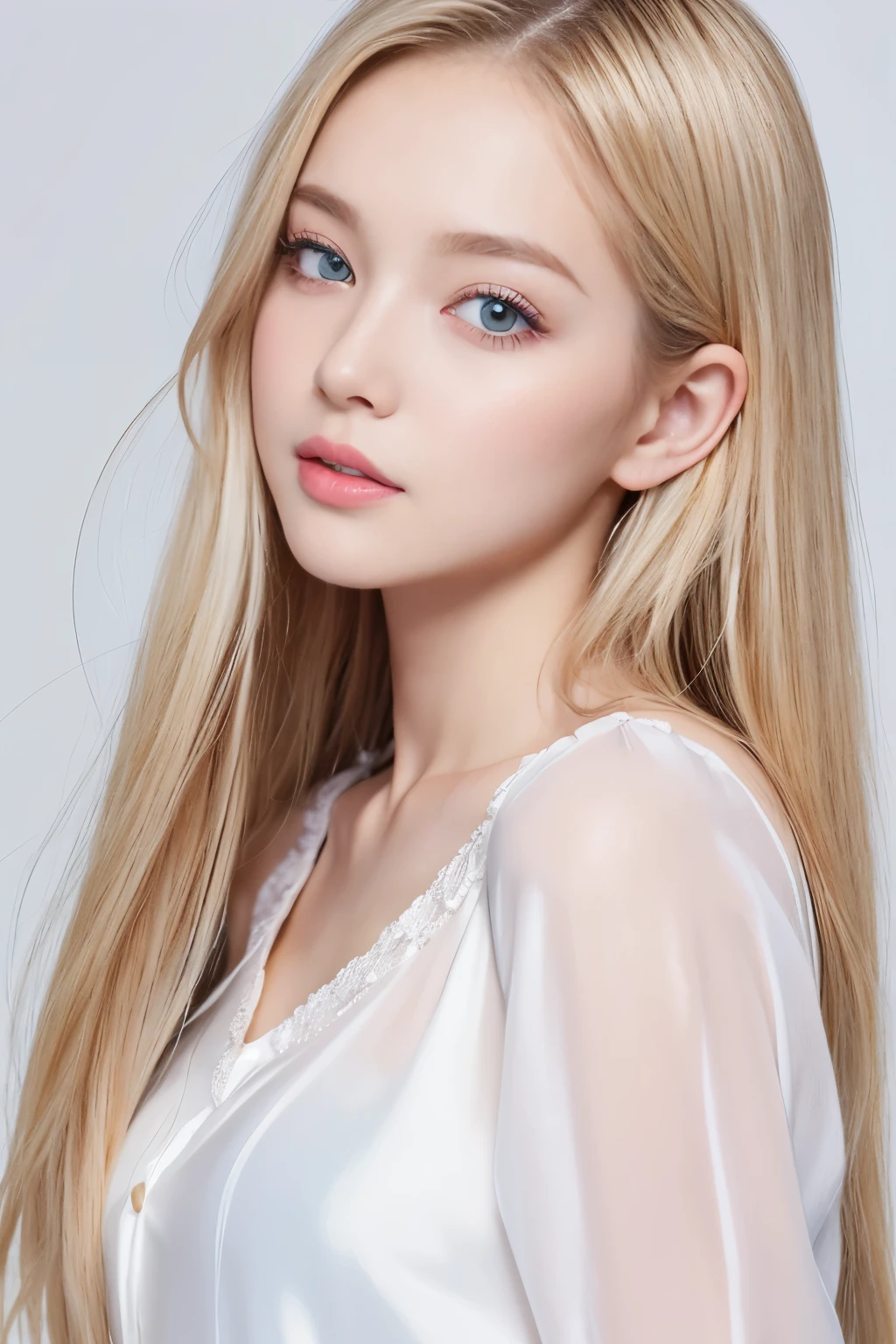 Dazzling golden shine、Silky baby blonde fine hair、Super long straight hair、Hitting the face and front of the eyes、bright, Very beautiful pale marine blue eyes、Sheer white and wet nightgown、Nordic youth、Perfect body、White beautiful skin、Glowing Skin、Small Face Beauty、Baby Face、Young and beautiful skin、Perfect beautiful little face、bright makeup、Cheek gloss、Gloss Face、Very beautiful face、Pale pink lips、bright表情、A very cute 16 year old girl、Unbuttoned shirt、lipstick、Deceptive advertising、{vapor}、Viewer's vision、Golden Hour Lighting、Bokeh Atmosphere Perspective、detailedな動画 ライト、Intricate details、High resolution、フェイスデザインのdetailedな特徴、detailed、Clear focus、Smoothness、aesthetics、Printed、Octane、masterpiece、{{}}