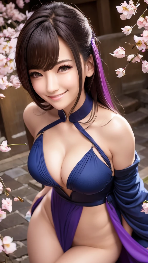 （masterpiece, Need,1girll, Solo, Intricate detail, Up view, color difference), real photo,(front), (shoulder cut), slit, Close-up, smile, Enhance sexy look,Yae Miko, Purple blue hair, purple blue highlights, purple eyes, sharp look, perfectly symmetrical figure, neon shirt, revealing jacket, sweater, leaning against the wall, Brick walls, scribbles, dim lights, alleys, looking at the viewer.（（evil streaks, cleavage is seductive, big breasts are enchanting)) ，（（（cherry blossom background) )), ((((Japanese cherry blossom garden background)))), (((Shine in the dark background)))