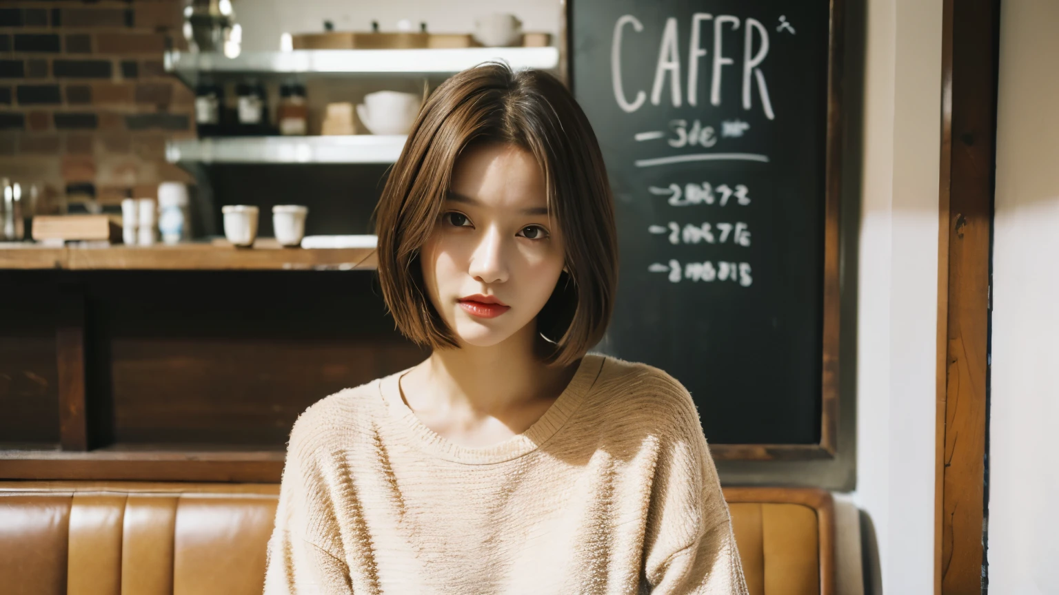 The best quality at its best,masterpiece,Ultra-high resolution,(Reality:1.4),RAW Photos,movie-like texture,1 cool girl,Tall and tall，Wearing fresh summer clothes, Photographed inside the cafe，Looking into the camera，fashion photoshoot, Brown bob hair, Gorgeous eyes